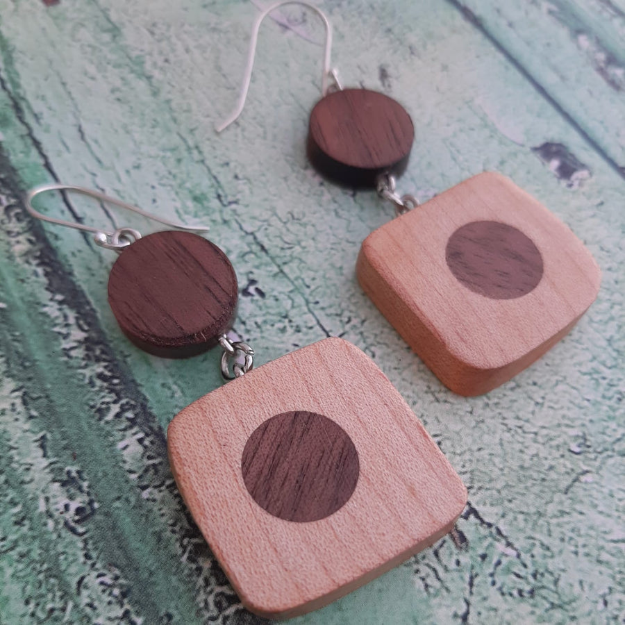 Maple and Walnut Inlaid Wood Earrings