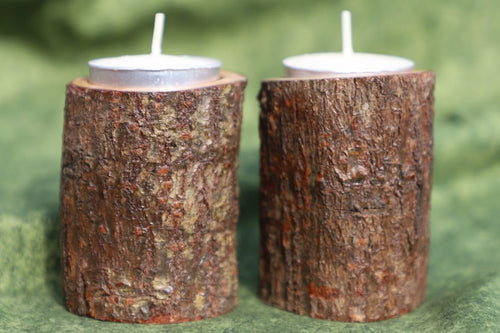 Natural wood candlesticks set with bark
