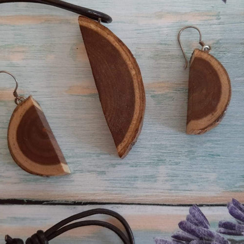 Natural Wood slice earrings and necklace set