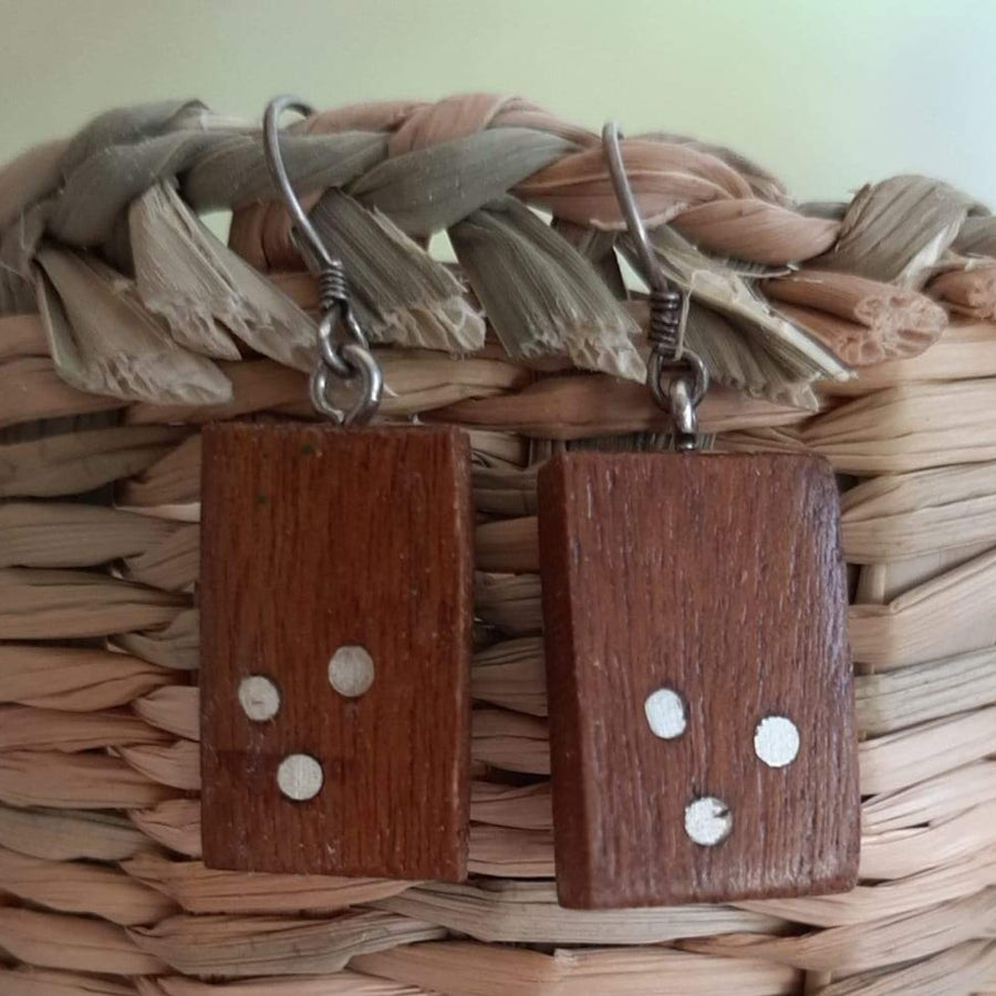 Small reclaimed wood earrings inlaid with silver