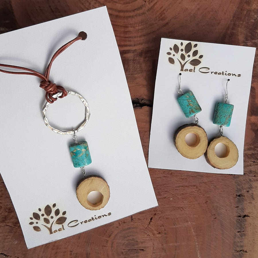 Turquoise and Wood Necklace and Earring Set