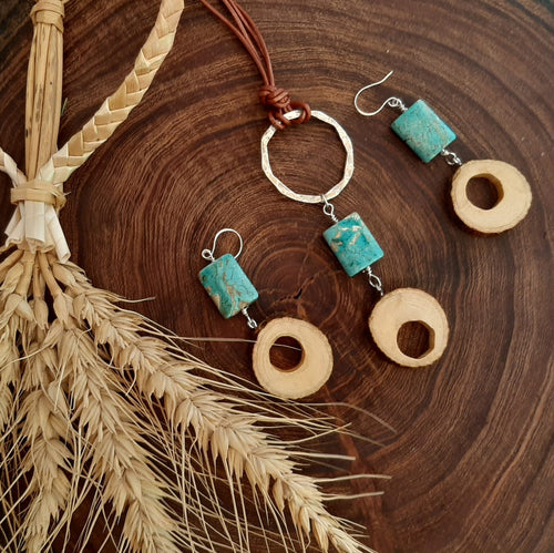 Turquoise and Wood Necklace and Earring Set