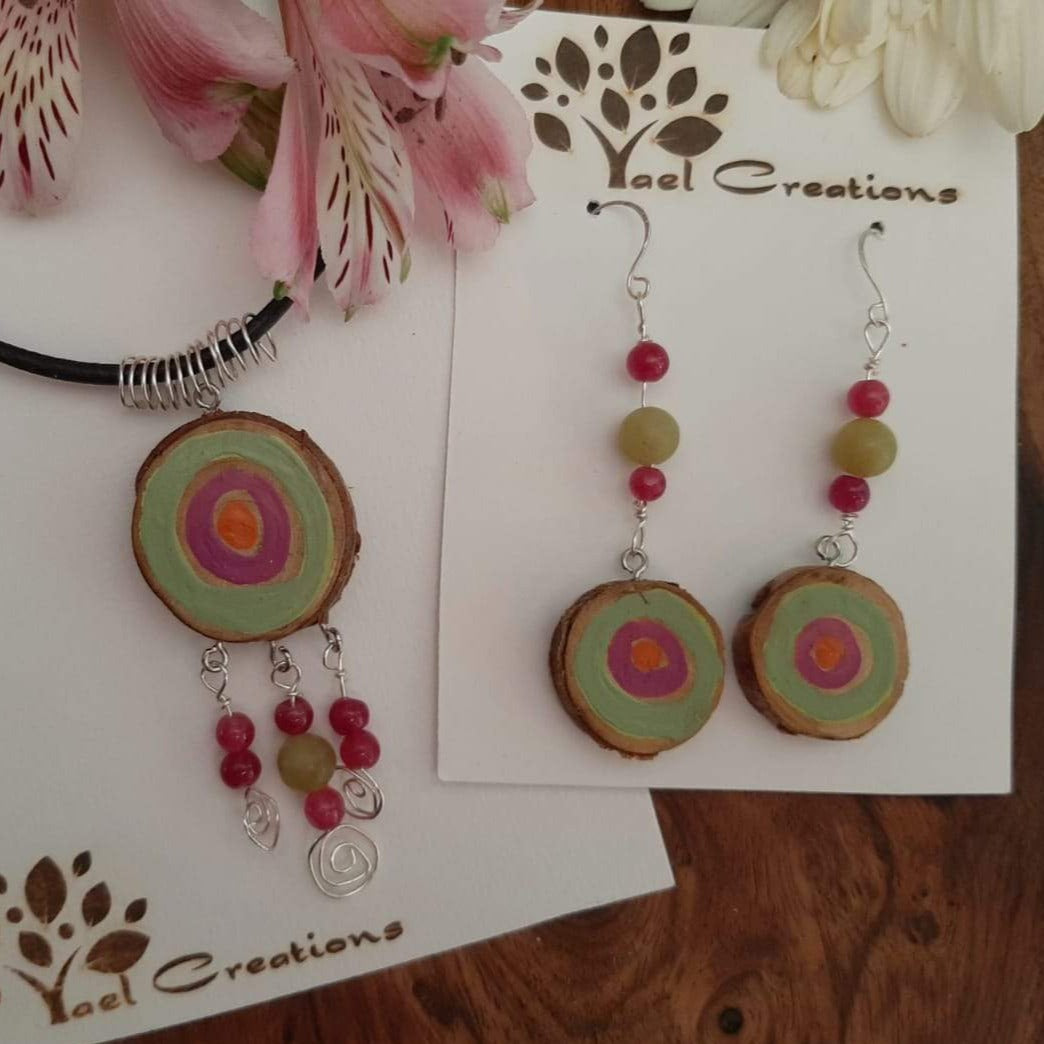 Colorful pink and green necklace and earring set