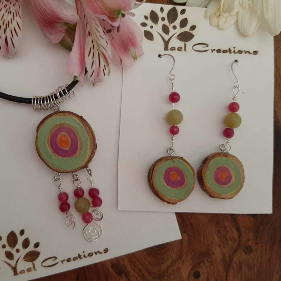 Colorful pink and green necklace and earring set
