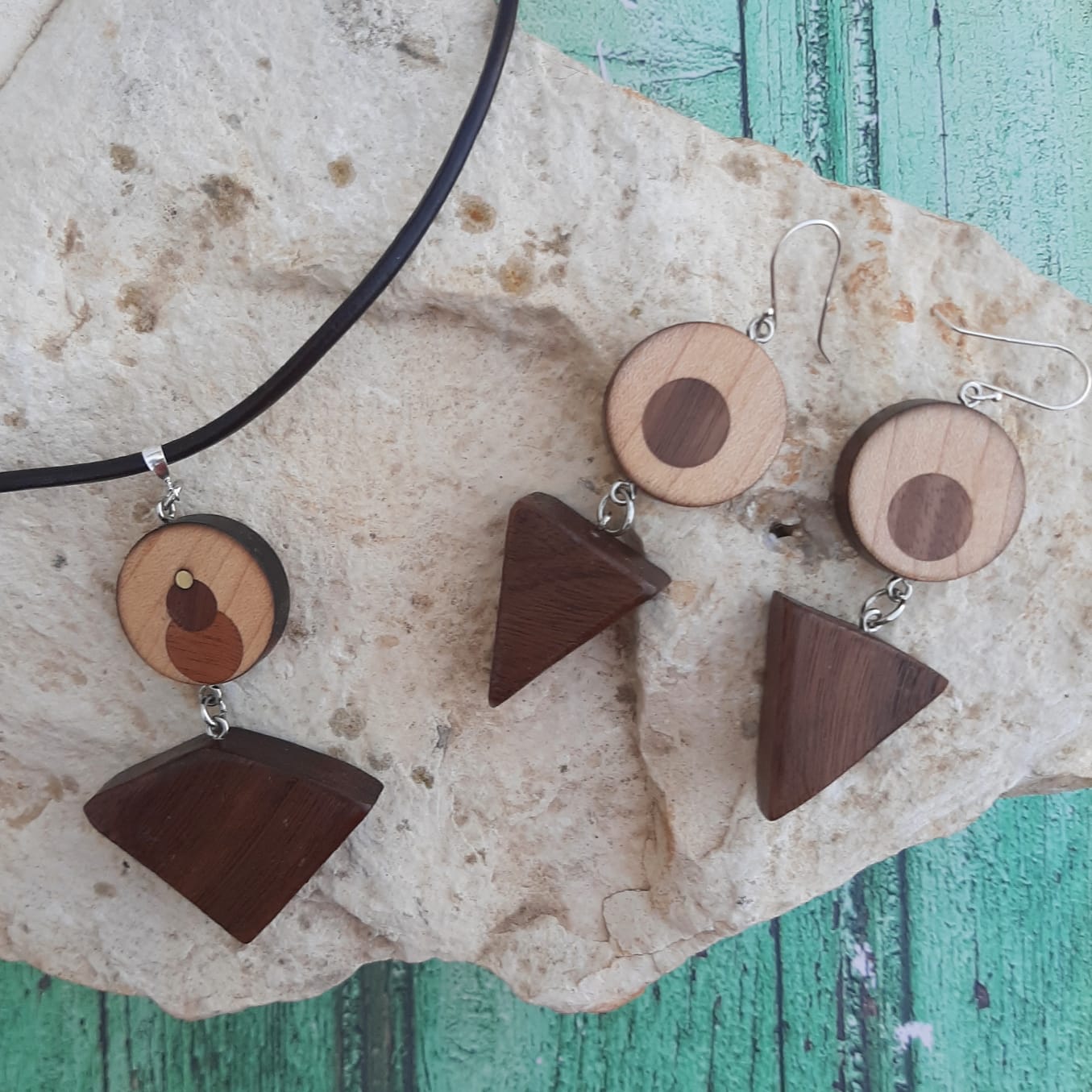 Maple and Walnut Inlaid Wood Earrings and Necklace set